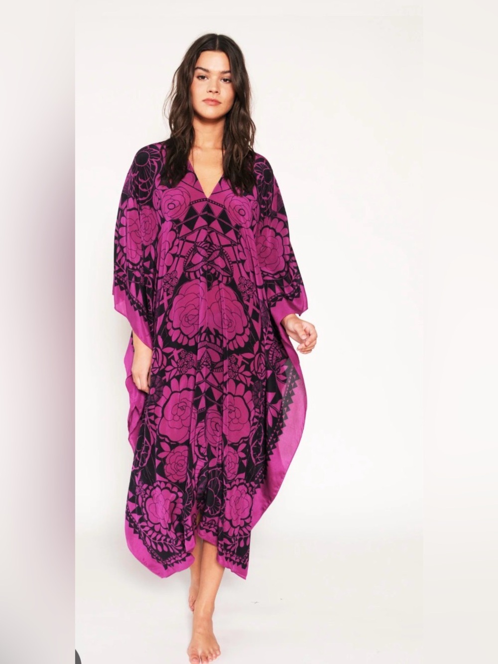 Jen's Pirate Booty Magenta and Black Floral Caftan Dress GOLDEN Neiman Marcus